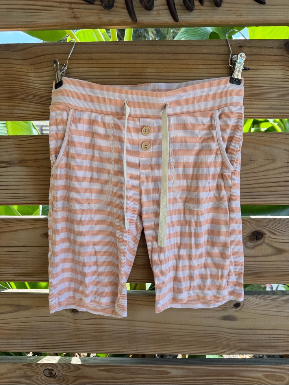 Women’s Peach & White Striped Knit Bermudas with Drawstring